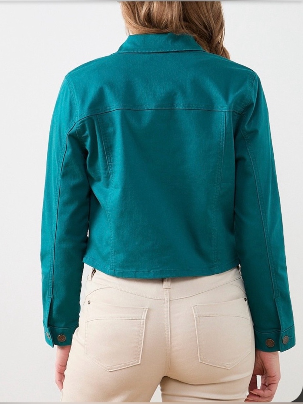 cleo Peacock (Teal) Coloured Cropped Fitted Denim Jacket Size S - Picture 2 of 12